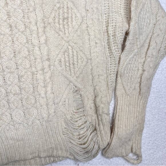NSF Annabelle Boyfriend Distressed Cable Knit Sweater Chunky Cream Wool Medium - Picture 3 of 7